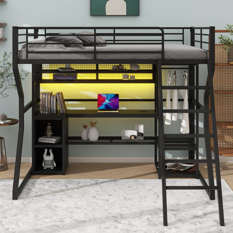 Lit mezzanine double en métal avec espace de travail intégré, garde-robe ouvert, éclairage DEL et diverses options de rangement