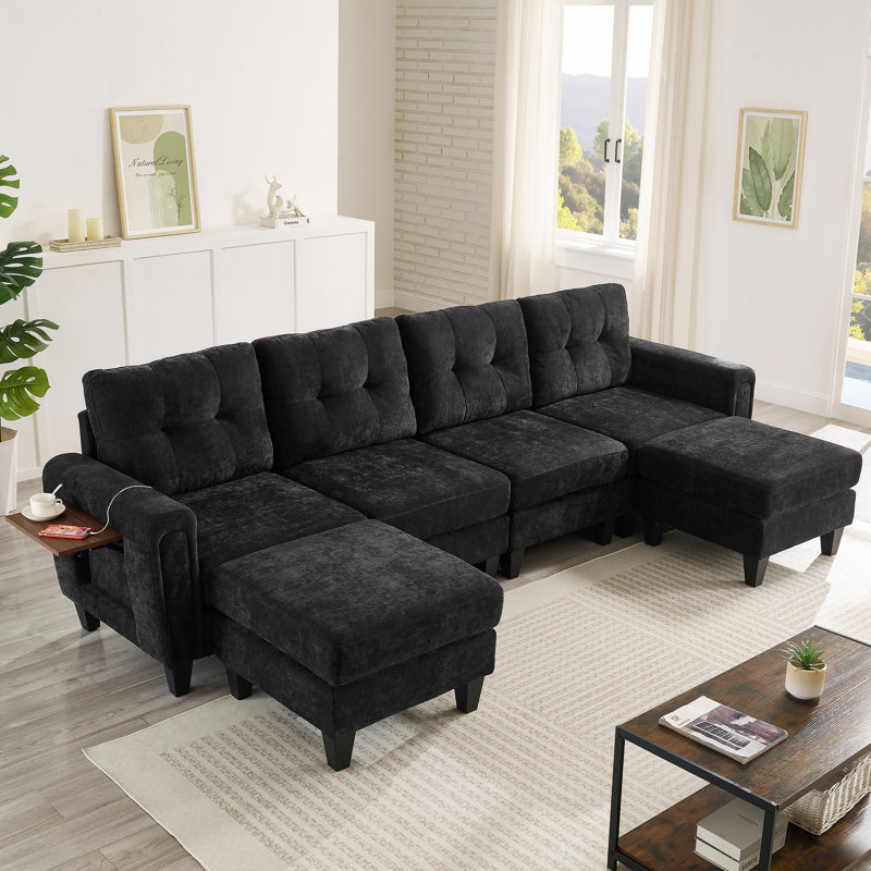 Canapé modulaire moderne en U de 115 po avec deux repose-pieds mobiles, ports USB et tables d'appoint pour le salon
