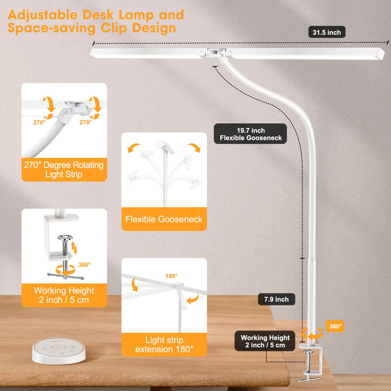 24W LED Desk Lamp with Clamp, 5 Color Modes, Adjustable Gooseneck for Office & Study, White