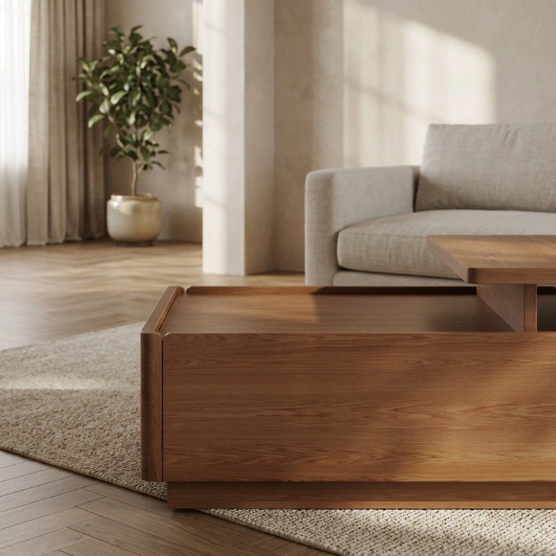 Table basse carrée en noyer de 59,1 po avec plateau de table extensible, rangement caché et tiroirs pour la table centrale du salon