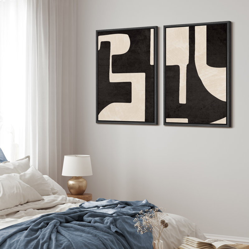 Mid Century Shape Black & Cream Geometric Paint Stroke Abstract Neutral Décor Framed Canvas 2 Pieces Print Wall Art, Black