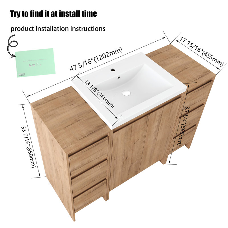 Ensemble de meuble-lavabo simple autoportant 48 po avec plateau en résine et tiroirs à fermeture en douceur 48 po