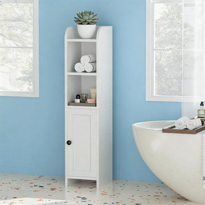 Small Corner Bathroom Floor Cabinet With Door & Shelves, Narrow Toilet Paper Storage, 7.9X7.1X31 In, White