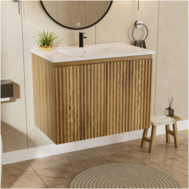 30Inch Gloden Oak Folding Wall Cabinet With Creamic Sink– Patented 1-Minute Install, Space-Saving & Easy Assemble,Modern Style