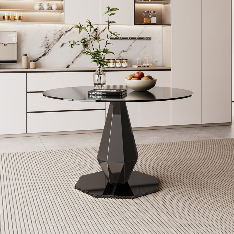 Round Pedestal Tempered Glass Dining Table, 29.50"H x 47"L x 47"W, Black