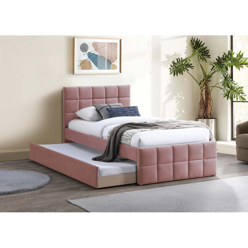 1 lit double avec lit gigogne et tête de lit tapissier, Lit double, Rose clair