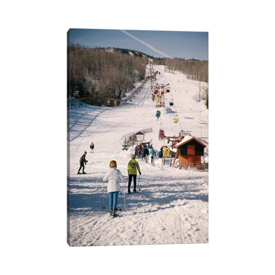 1960s Group of People Men Women at Bottom of Slope Going to Get on Ski Lift Skis Skiing Mountain Resort 1 Piece Wrapped Canvas Wall Art