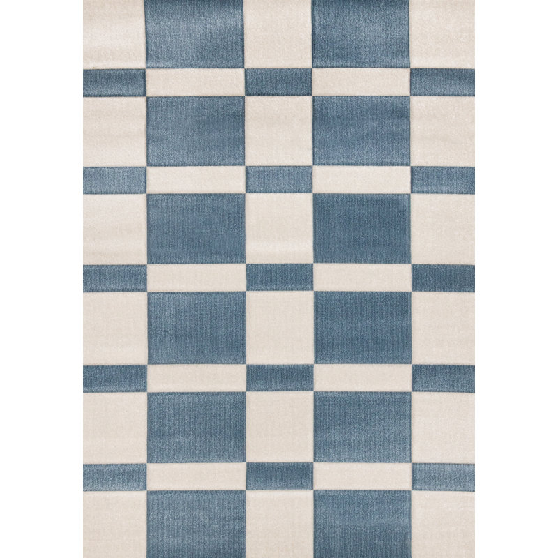 Tapis d'intérieur à rayures géométriques 5 pi x 8 pi (5 pi 3 po x 7 pi 7 po) à motif géométrique - bleu, blanc, art déco - salon, chambre à coucher, salle à manger et cuisine