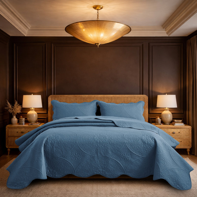 Moonlight Oversized Floral Embossed Bedspread Set – Lightweight Reversible Quilt Bedding with Pillow Shams, Washed Blue