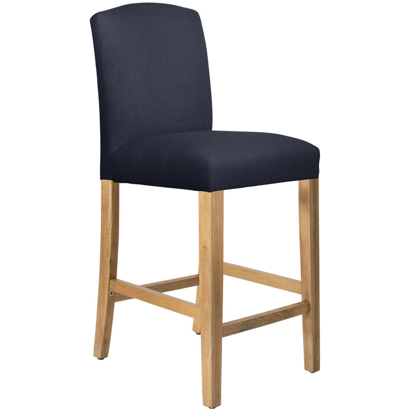 Tabouret de bar et de comptoir April, Tabouret de bar (siège d'une hauteur de 31 po), Lin bleu marine classique, Bois naturel