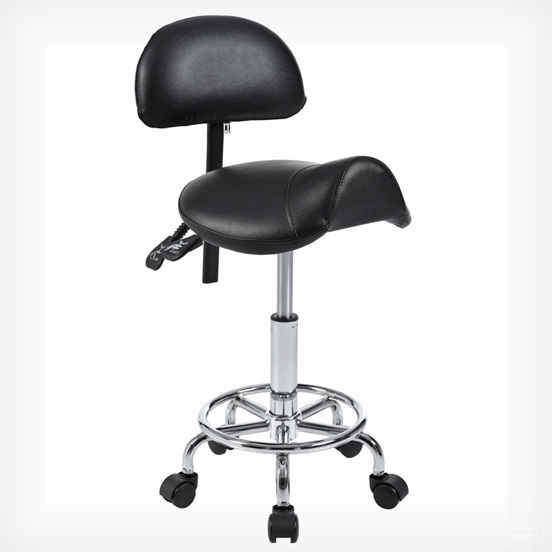Tabouret de selle avec support pour le dos, tabourets roulants avec repose-pieds, tabouret ergonomique réglable avec roulettes, hauteur et angle de dossier réglables