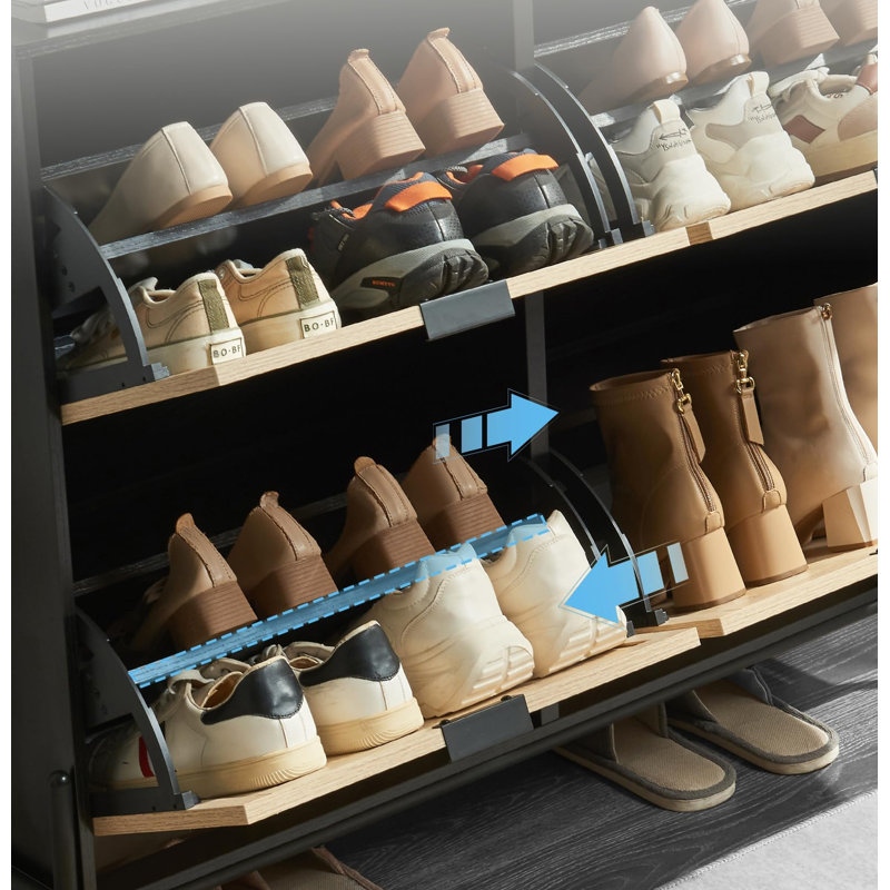 Armoire à chaussures mince à tiroir rabattable avec 4 compartiments, Noir/chêne
