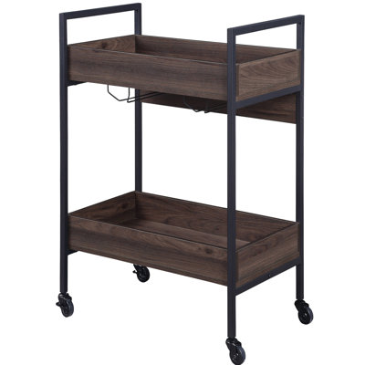 Chariot de cuisine brun + noir avec 2 tablettes, porte-gobelet, construction, mobile pour un repas élégant en noyer et noir, fabrication stable