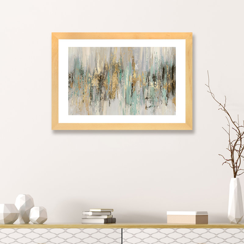 «Dripping Gold I» par Tom Reeves - reproduction imprimée, H 16 po x l 24 po, Papier dans un cadre photo, Bois beige