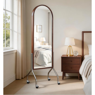 Freestanding Rolling Floor Mirror With Storage Rack And Stainless Steel Legs