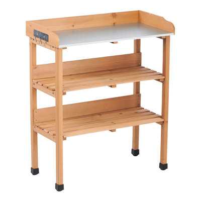 Table de rempotage brune 30,5L 14,6W 35,5H, banc de travail en bois massif à 3 niveaux avec plateau en métal, utilisation extérieure dans le jardin et le garage, avec pieds à crochets réglables pour faciliter la pose du plateau de table de 30 po x 14,5 po