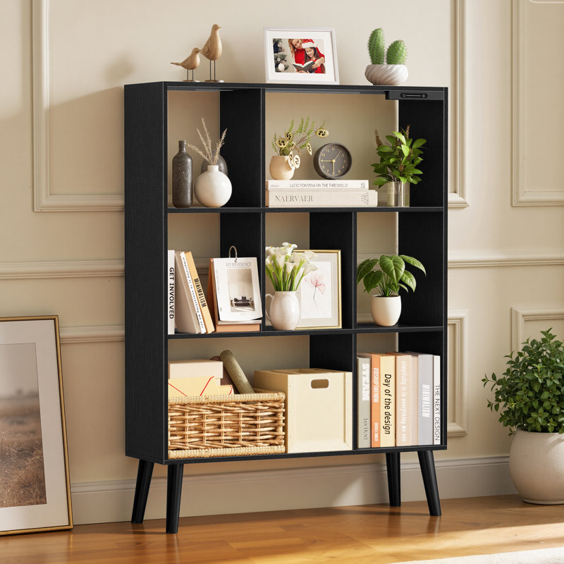 Bibliothèque à 4 niveaux avec étagère ouverte et 7 cubes avec dispositif anti-basculement et DEL, Noir