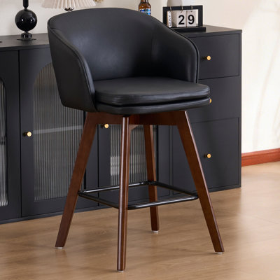 Allis Mid-Century Modern Faux Leather Counter Stool, Upholstered Swivel Barstool With Wood Legs, Counter Height Stool with Wingback, Footrest, For Kitchen Island Bar Counter,  Black, Single