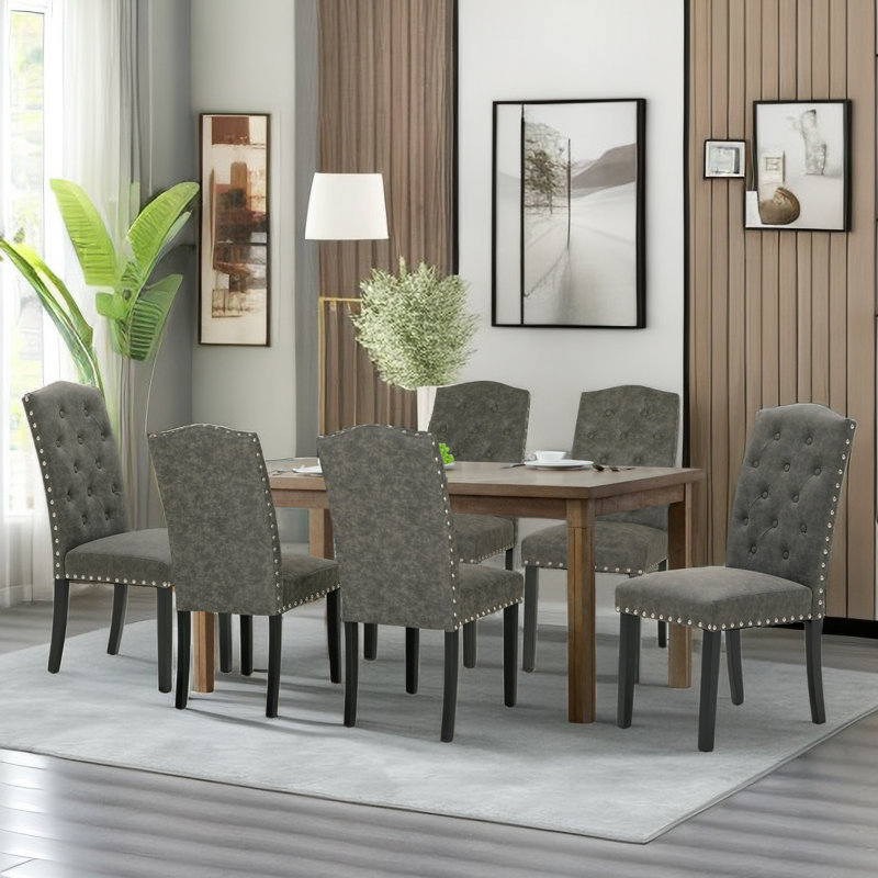 Tanee Tufted Upholstered Solid Wood Dining Chair, Dark Gray, Black