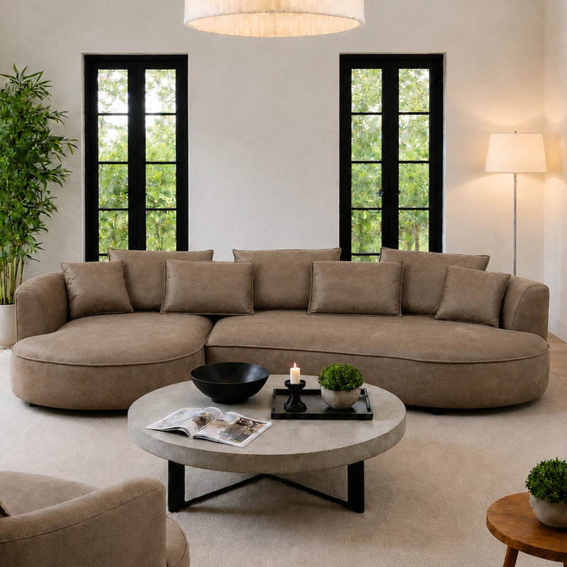 Canapé modulaire incurvé moderne en similicuir de 128 po avec méridienne gauche Lakera, canapé rembourré Leathaire brun, canapés modulaires en cuir