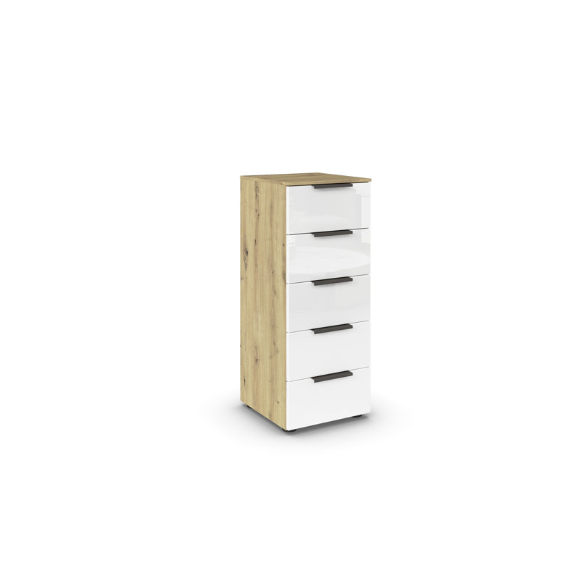 Flipp 5 Drawer 40Cm W Chest, Artisan Oak/White Glass/Graphite