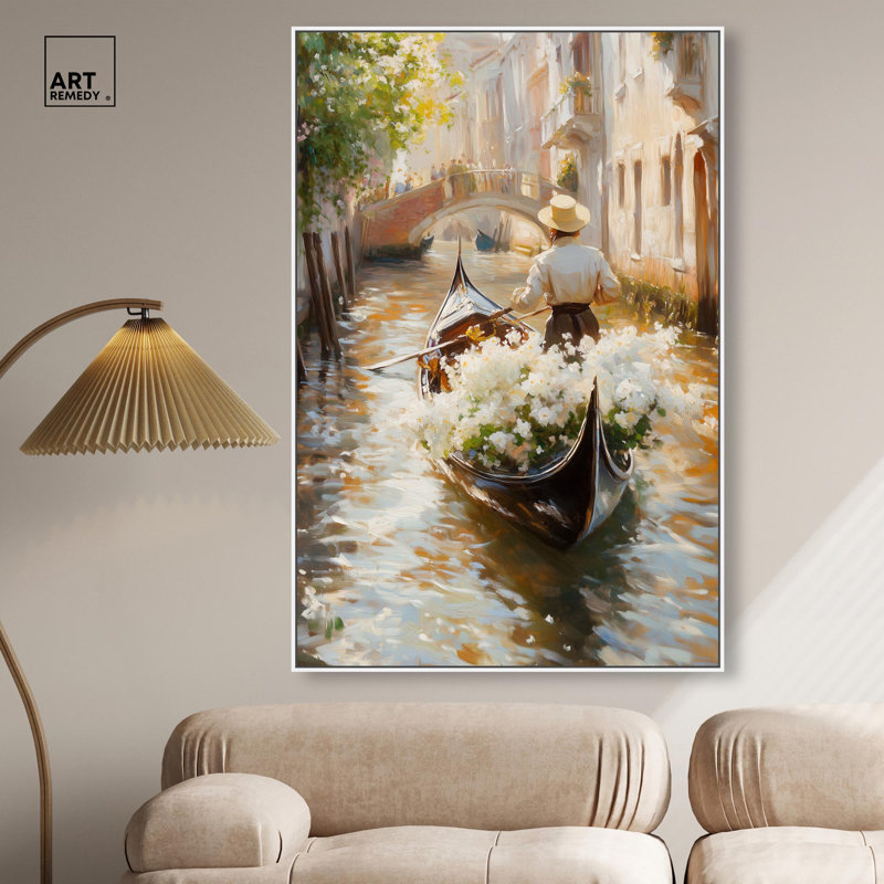 Décoration murale en toile Sunlit Canal par Art Remedy, cadre blanc, 36 x 54, H 55 po x l 37 po, Cadre blanc