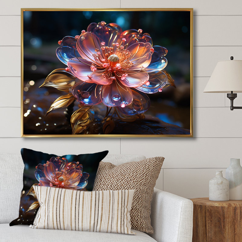 Fleurs de cristal rose sur toile, Cadre flottant doré, H 34 po x l 44 po x P 1,5 po