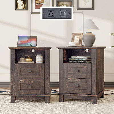 Hutchison Nightstand With Charging Station, Farmhouse Side Table With 2 Tiers Storage Drawer And 1 Open Wood Cubby For Bedroom, Office, Barnwood by Laurel Foundry Modern Farmhouse