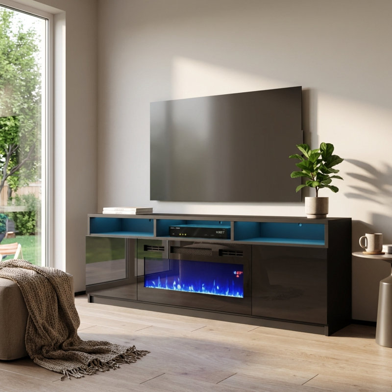 Anirudh 63" Modern TV Stand with Electric Fireplace, High Gloss Finish, Media Storage, Black