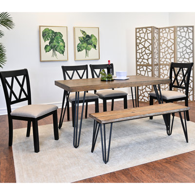 6 tables à manger avec table en épingle à cheveux, 4 chaises et banc