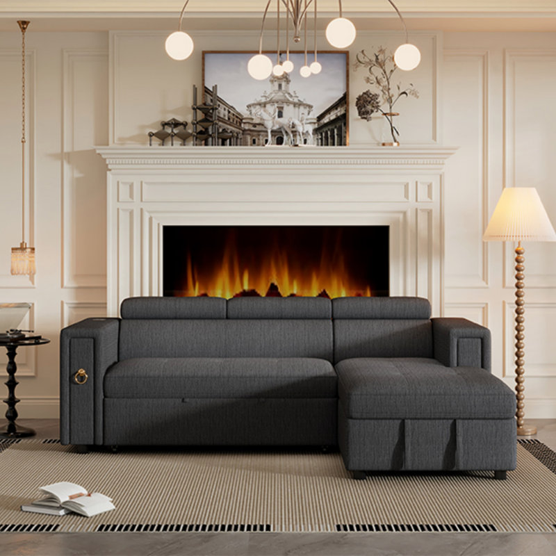 Aaden L-Shaped Sectional Sofa Bed with Adjustable Headrest & Storage, Grey Linen