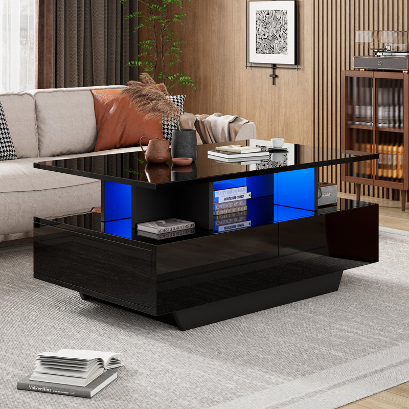 Table basse moderne de 35,4 pouces avec lumières DEL et beaucoup de rangement Valora, Noir