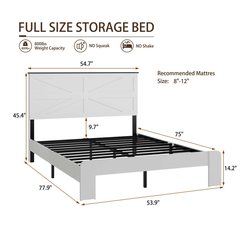 Tête de lit double, cadre de lit plateforme en bois, silencieux, aucun sommier nécessaire et outil d'assemblage facile, grand rangement sous le lit, blanc