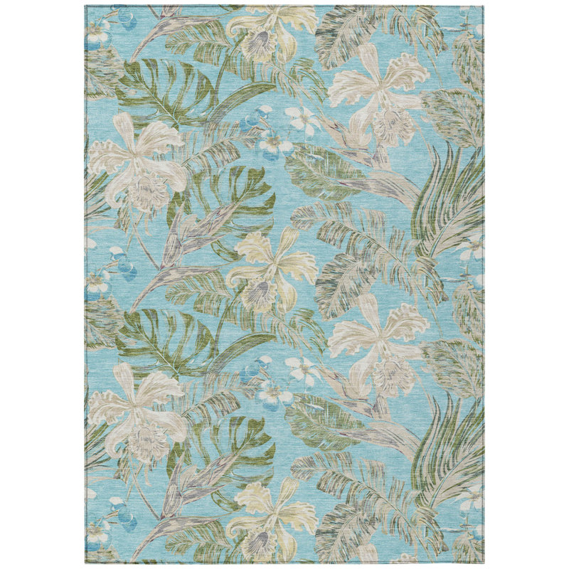 Tapis d'extérieur lavable 3 pi x 5 pi bleu sarcelle, vert olive, vert et beige