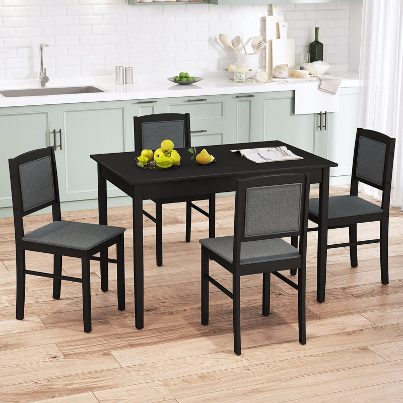 5 PCS Dining Table Set for 4 w/Rubber Wood Legs Upholstered Seat Padded Backrest, Black, Gray