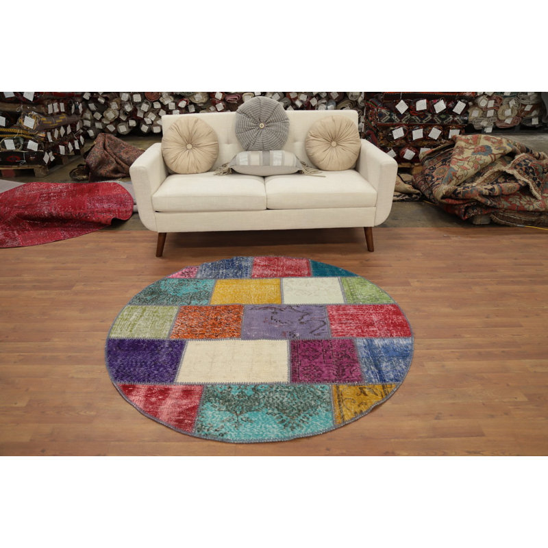 Distressed Modern Patchwork Round Area Rug 5x5