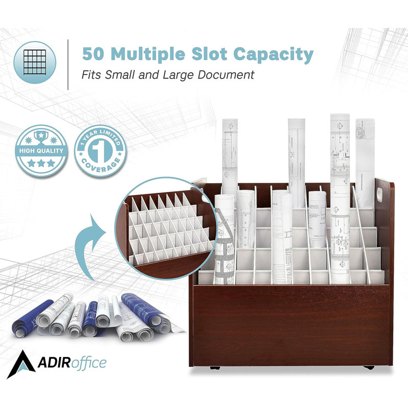 Mahogany Mobile 50-Compartment Roll File Organizer with Vinyl Laminate