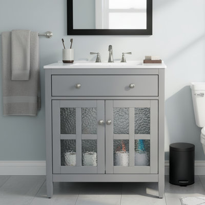 Meuble-lavabo gris 30 po avec lavabo en céramique, pieds en bois massif et charnières à fermeture en douceur | Idée cadeau