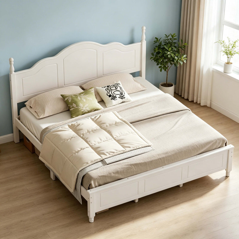 White King Size Retro Platform Bed Frame with Wave Headboard, Wooden Slat Support, No Box Spring Needed, White, King