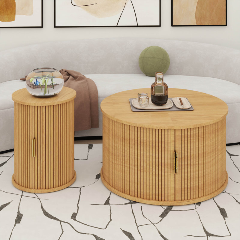 Ensemble de tables basses de style Mid-Century avec porte tambour coulissante, table de bout ronde cannelée avec rangement