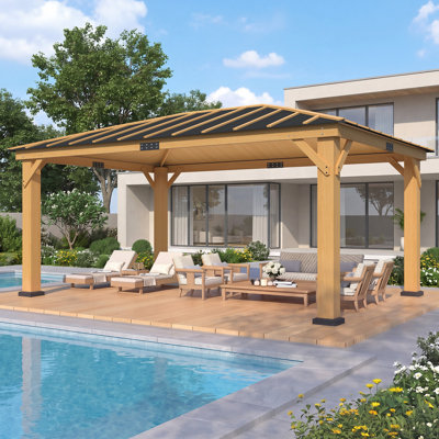 16 Ft. W x 12 Ft. D Outdoor Permanent Hardtop Wood Gazebo – Heavy-Duty Spruce Solid Wood Pavilion with Asphalt Roof, All-Weather Canopy for Patio, Lawn, Garden & Backyard