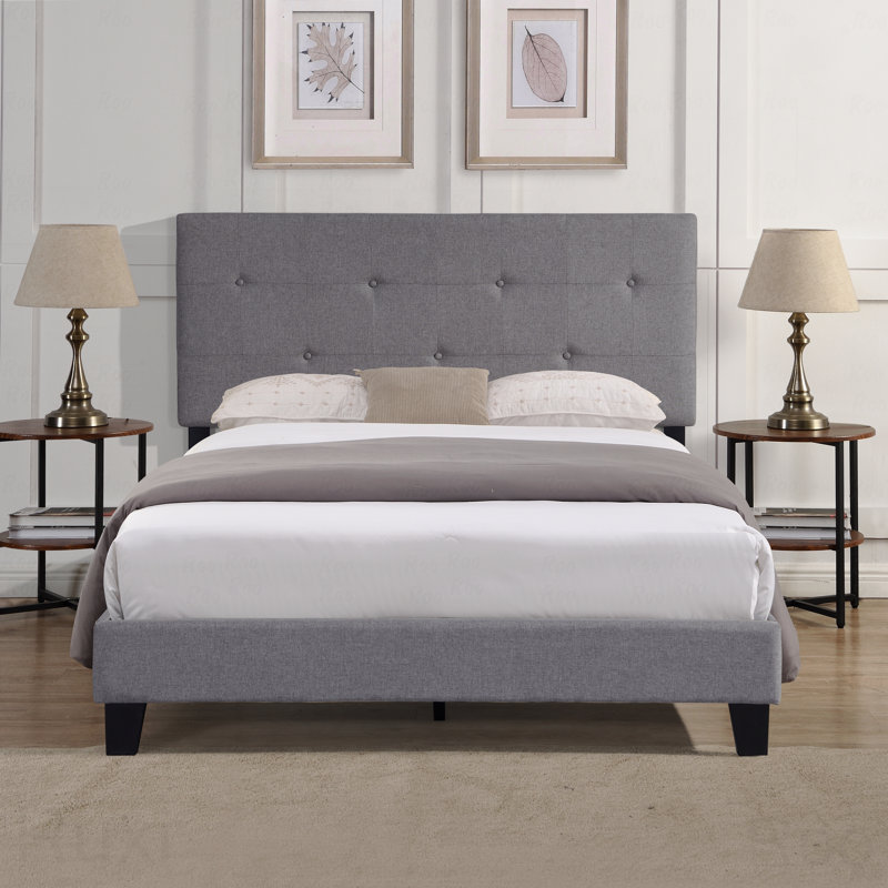 Structure de lit double tapissier, capitonnée, sans sommier, Gris, Lit double