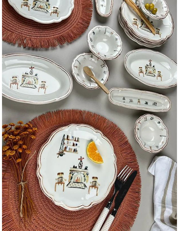 Ensemble de petit-déjeuner élégant 14 pièces, 100% porcelaine | Comprend 6 assiettes de service (7,9 pouces), 4 bols Joker (3,9 pouces), 2 plaques d'huile (7,5 x 4,7 pouces), 2 plateaux (7,9 x 2,8 pouces) | Va au lave-vaisselle et au micro-ondes, parfait pour un repas élégant