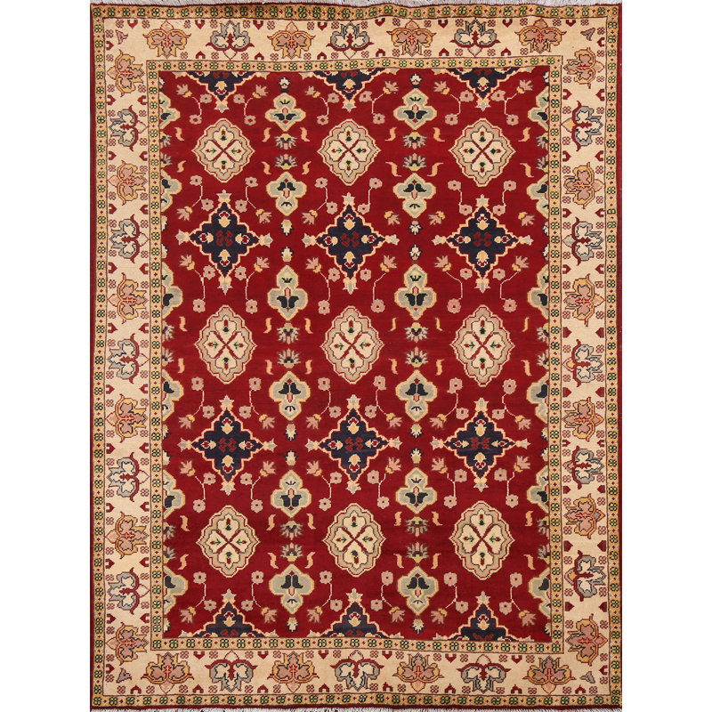 Tapis rouge / or / bleu marine / vert noué à la main de conception unique 5 pi 0 po x 6 pi 4 po Oushak