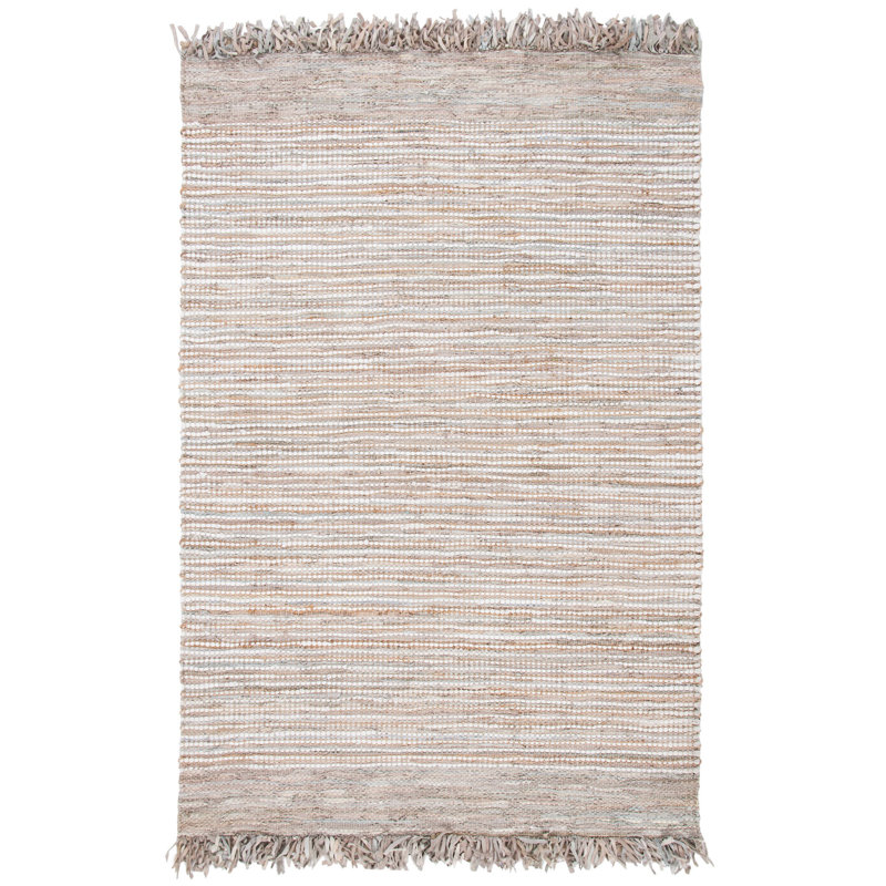 Bowen Hand Woven Leather Cotton/Jute Striped Rug in Beige, Rectangle 5' x 8'
