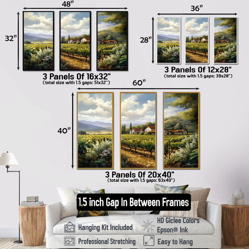 «Vineyard Charm Landscape I», ensemble d'art mural Vineyard, H 28 po x l 36 po, Cadre flottant noir