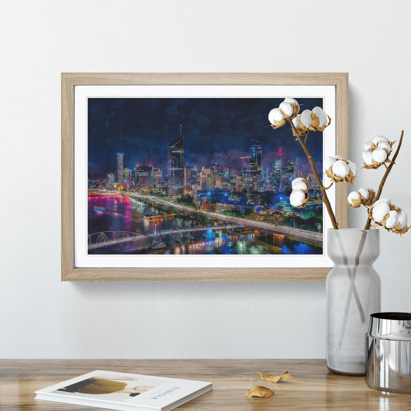 Brisbane City Skyline Australia Painting - Single Picture Frame Print on MDF, 62cm H x 87cm W x 2cm D, Oak