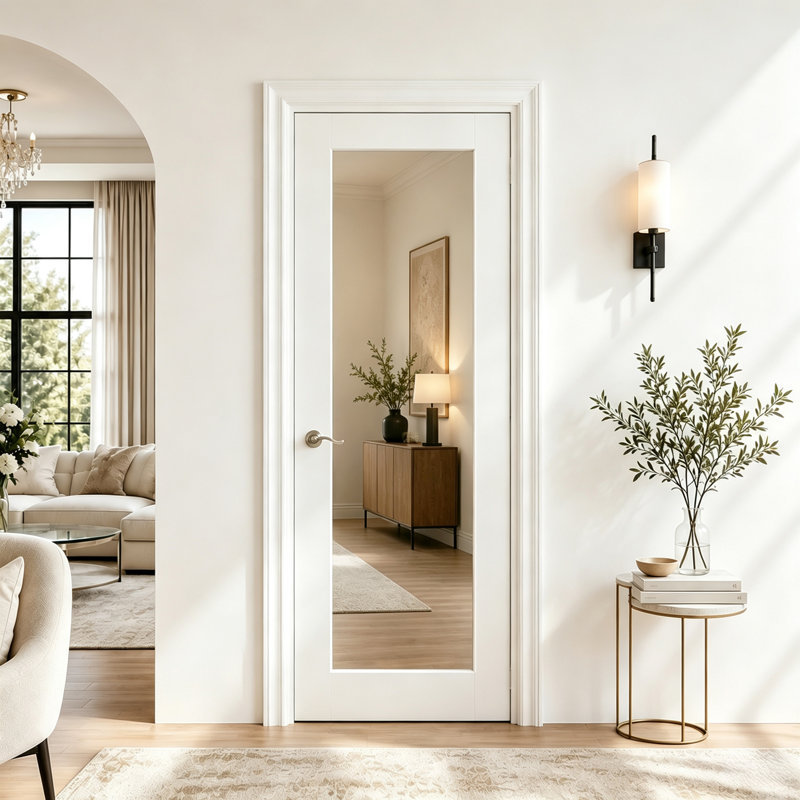 Interior Door Slab with Frame - 1 Lite Mirror White MDF Door, Prehung-Style Door Kit with Pre-installed Hinges, Locking Silver Handle Included, No Pre-drilled Holes
