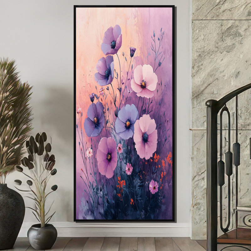 Wildflower Dreams In Violet Surréalisme I - Art mural fleurs sauvages, H 60 po x l 28 po, Reproduction avec cadre flottant