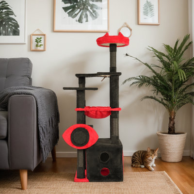 5-layer Halloween Cat Tree - Black&red Sleep Nest Style With Eye Scratcher, 40×40×135cm, Sisal Posts/anti-tip Kit/hanging Toy, Indoor, Halloween Pet Supplies,  Cat Tower, Hot-selling